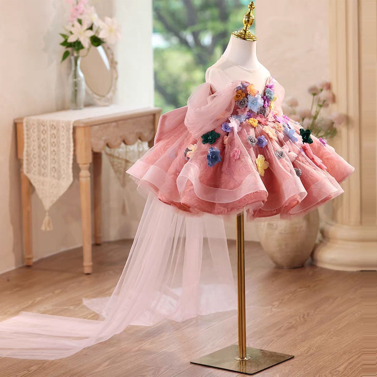 Flower Girl Dress Pink Off Shoulder Layered Ruffles Keen Length J565