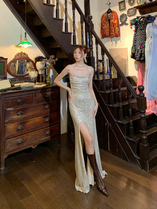 Shiny A Line Sweetheart Neck Silver Sequin Prom Dress Evening Dress with Slit SH3084