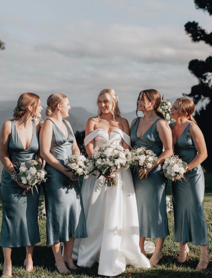 Cute Sheath V Neck Blue Satin Bridesmaid Dress Evening Dress SH2833