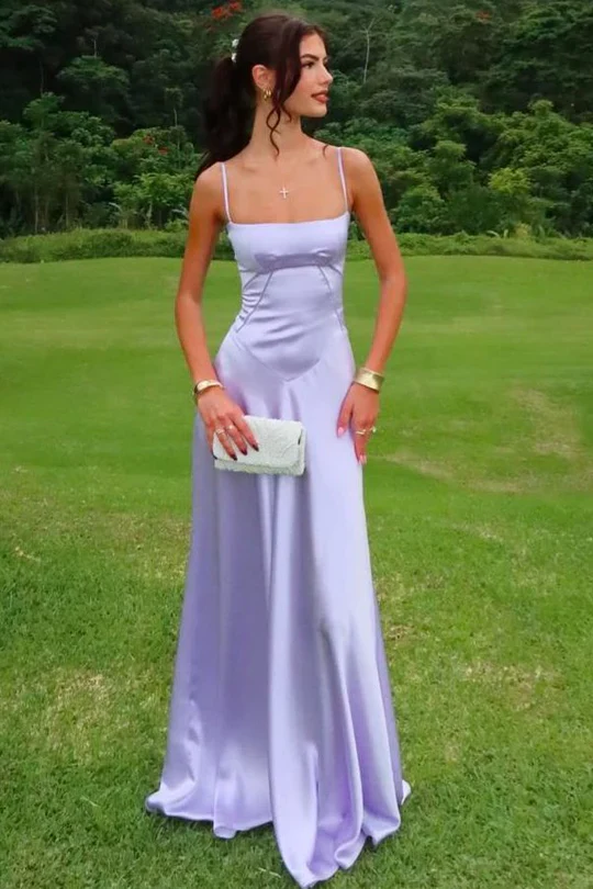 Elegant Spaghetti Straps Lilac Satin Long Wedding Guest Dress Bridesmaid Dress D1425