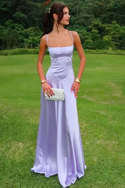 Elegant Spaghetti Straps Lilac Satin Long Wedding Guest Dress Bridesmaid Dress D1425