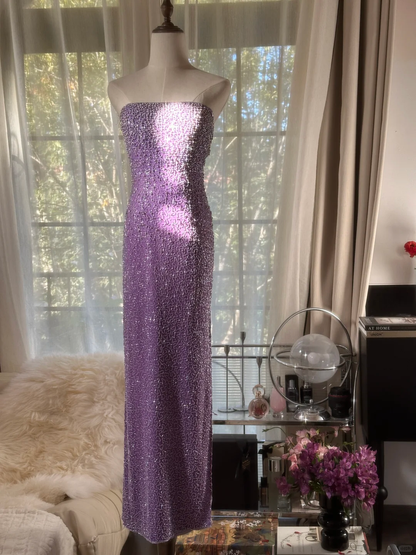 Shiny Sheath Strapless Beaded Purple Chiffon Long Party Dress Evening Dress SH2933