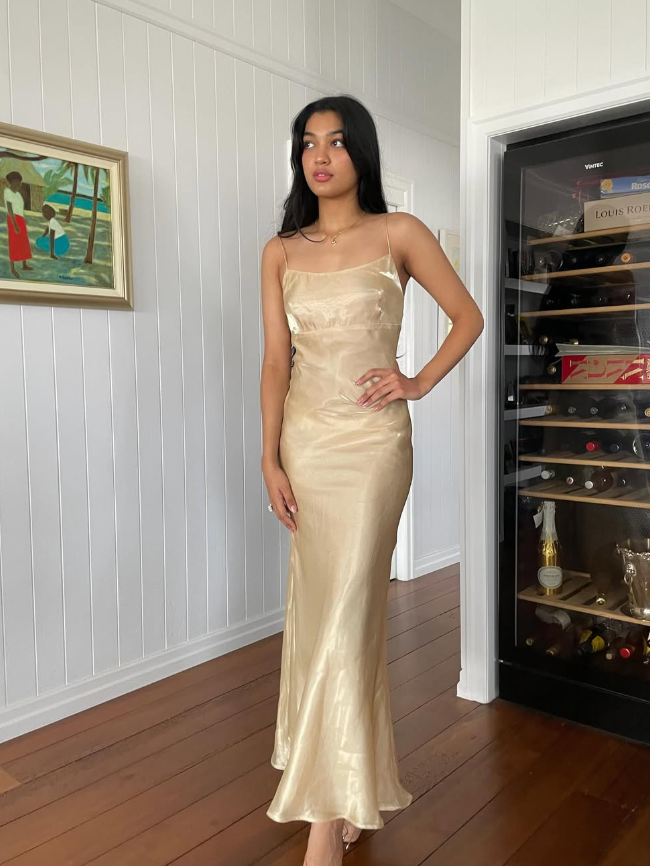 Simple Sheath Spaghetti Strap Satin Open Back Evening Dress Party Dress SH2688