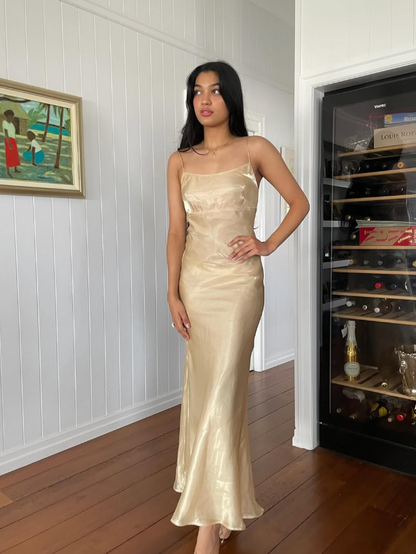 Simple Sheath Spaghetti Strap Satin Open Back Evening Dress Party Dress SH2688