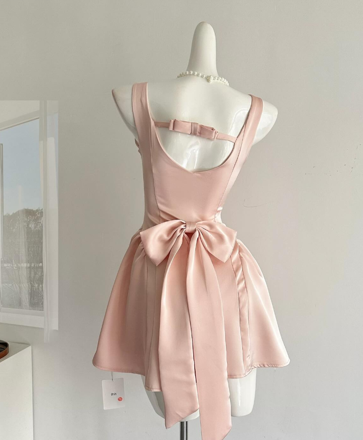 Cute A Line Straps Bow Light Pink Satin Short Homecoming Dress Cocktail Dress SH3052