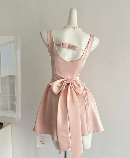 Cute A Line Straps Bow Light Pink Satin Short Homecoming Dress Cocktail Dress SH3052