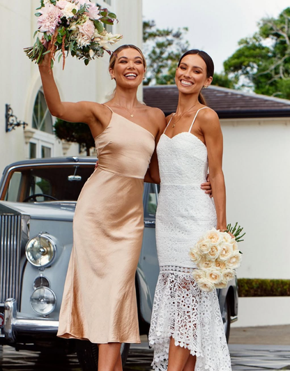 Simple Sheath One Shoulder White Satin Open Back Bridesmaid Dress Evening Dress SH3201