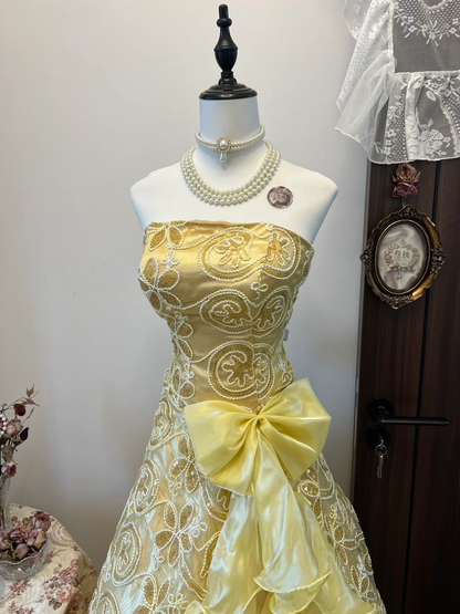 Vintage A Line Strapless Appliques Yellow Satin Organza Prom Dress Evening Dress SH2987