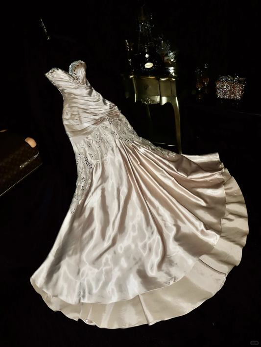 Gorgeous Mermaid Sweetheart Neck Beaded Pleated Champagne Satin Long Prom Dress Party Dress SH3048