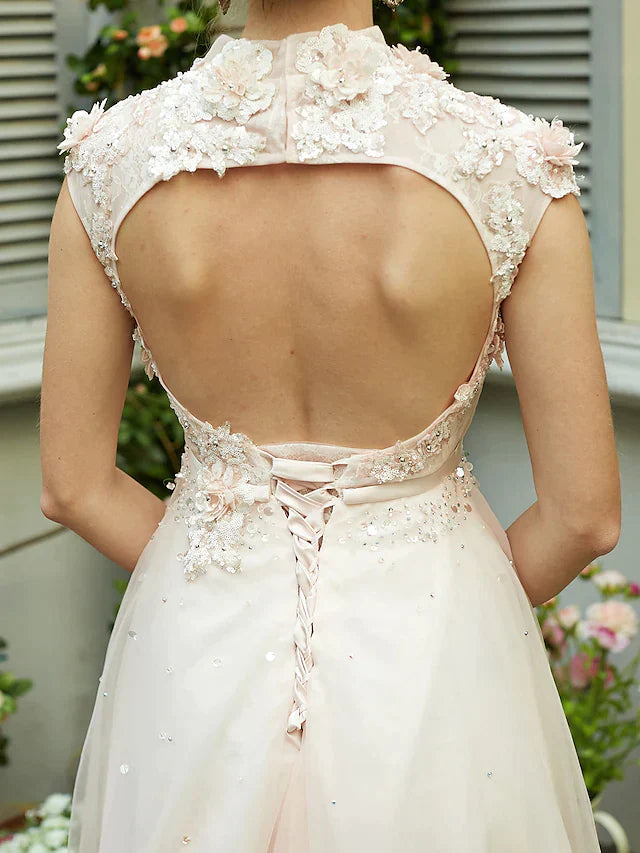 A-Line Wedding Dresses High Neck Sweep Brush Train Tulle Short Sleeve Open Back with Bowknot Sash Ribbon Beading