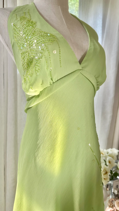 Gentle A Line Halter Beaded Green Chiffon Open Back Party Dress Homecoming Dress SH2936