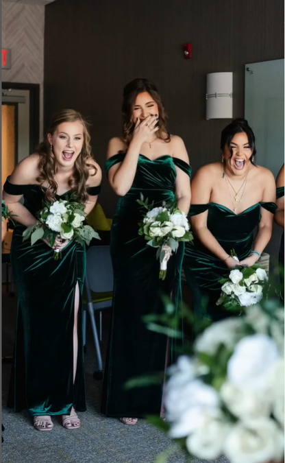 Charming Mermaid Off the Shoulder Green Velvet Long Party Dress Bridesmaid Dress with Slit SH2790