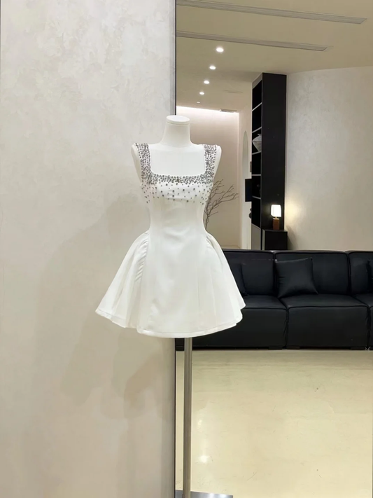 Cute A Line Strap Rhinestone White Satin Short Homecoming Dress Cocktail Dress SH3118