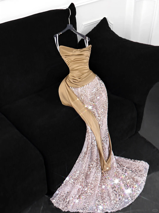 Khaki Mermaid Strapless Sequin Satin Long Prom Dress Evening Dress SH3097