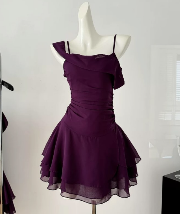 Cute A Line Straps Grape Purple Chiffon Short Homecoming Dress Cocktail Dress SH3053