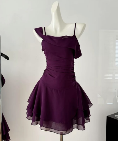 Cute A Line Straps Grape Purple Chiffon Short Homecoming Dress Cocktail Dress SH3053