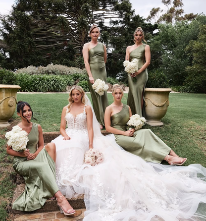 Pretty Sheath One Shoulder Green Satin Bridesmaid Dress Evening Dress with Slit SH3203