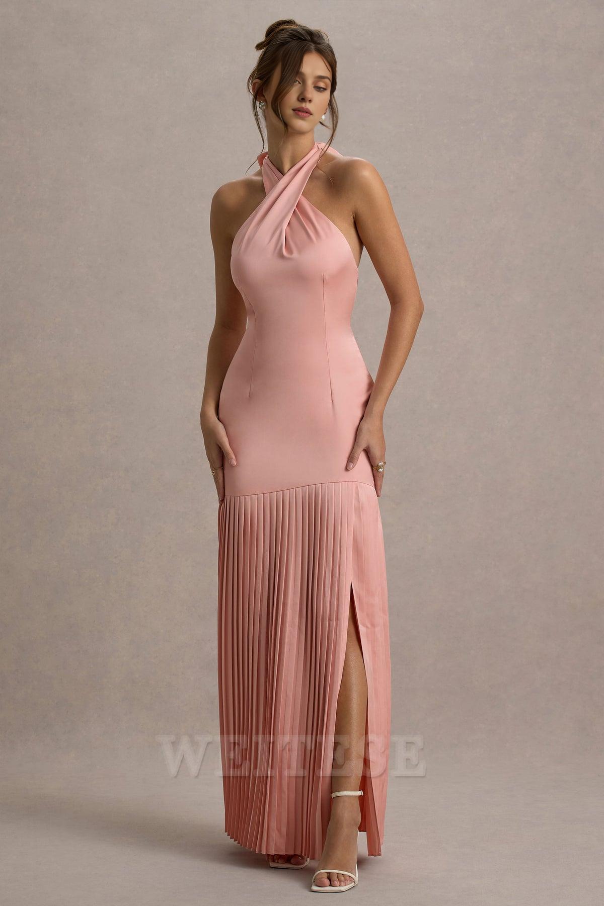 Dress Burgundy Satin Cross Halter-Neck Plisse Maxi Dress Prom Dress Lace Up Sleeveless Hem Slit Bridesmaid Dress