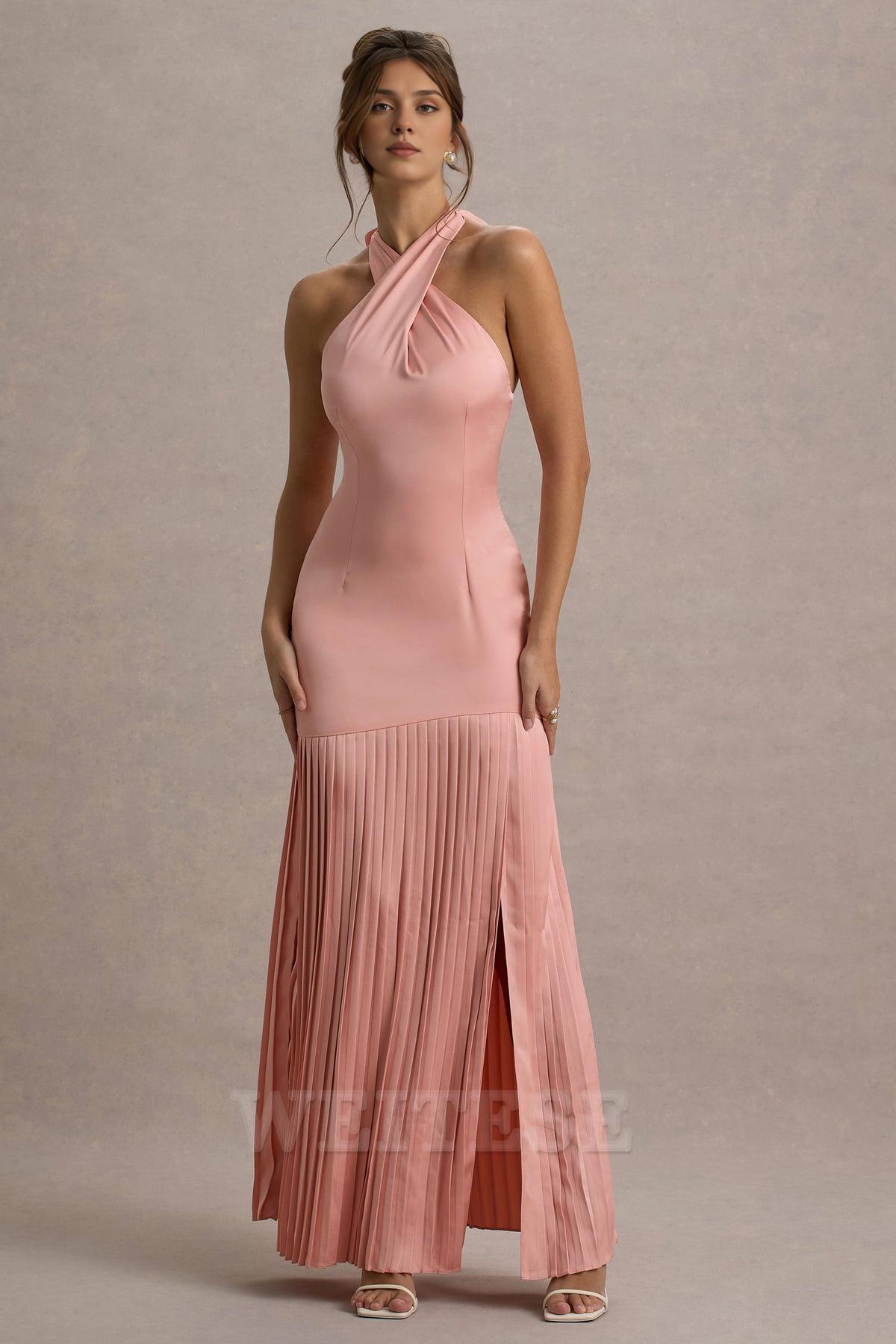 Dress Burgundy Satin Cross Halter-Neck Plisse Maxi Dress Prom Dress Lace Up Sleeveless Hem Slit Bridesmaid Dress