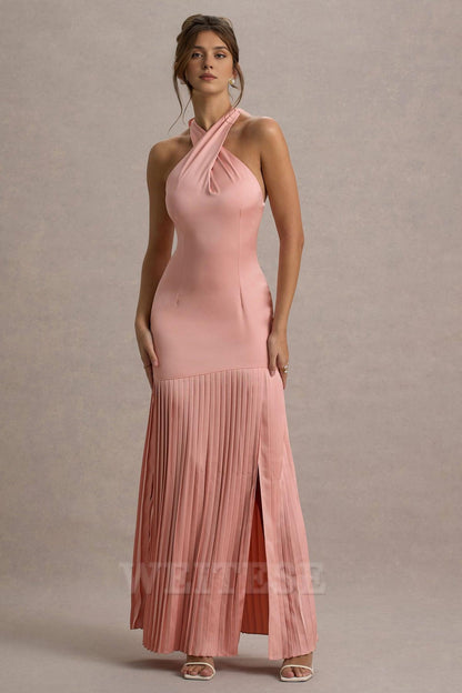 Dress Burgundy Satin Cross Halter-Neck Plisse Maxi Dress Prom Dress Lace Up Sleeveless Hem Slit Bridesmaid Dress