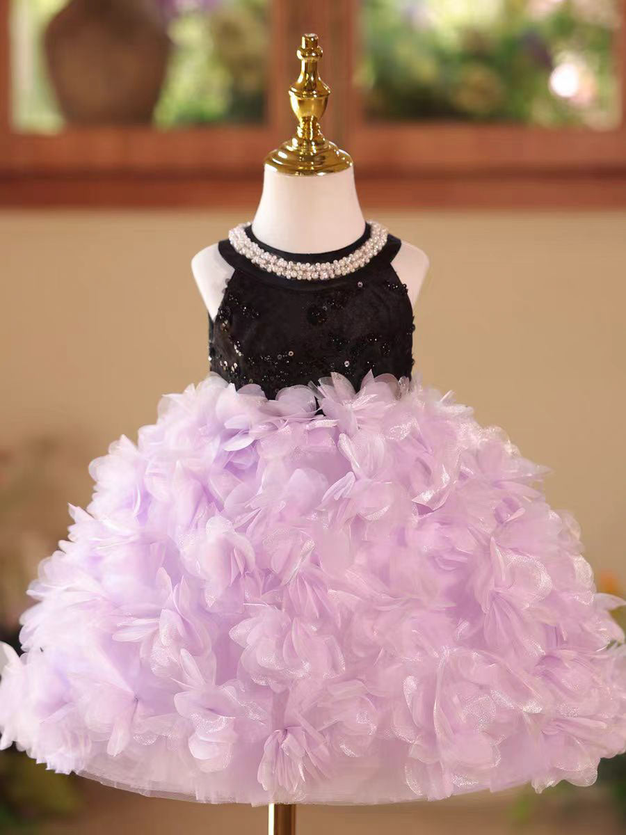 Pink Petal Sequin Flower Girl Dress for Wedding Party Photoshoot D108