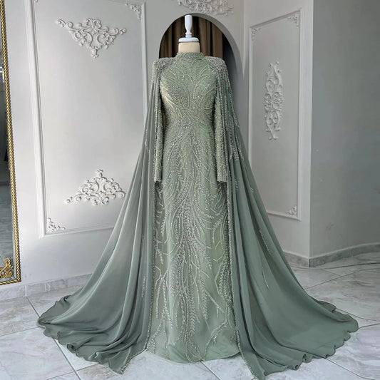 Luxury Sage Green Muslim Evening Dress with Cape Long Sleeves SS387