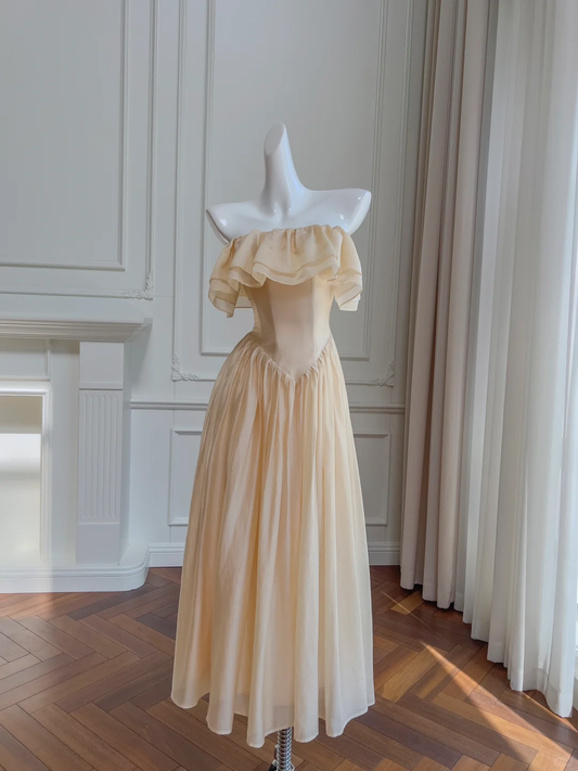 Simple A Line Strapless Ruffle Champagne Chiffon Prom Dress Wedding Guest Dress SH3016