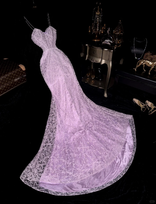 Elegant Mermaid Spaghetti Strap Purple Lace Satin Long Prom Dress Party Dress SH3066