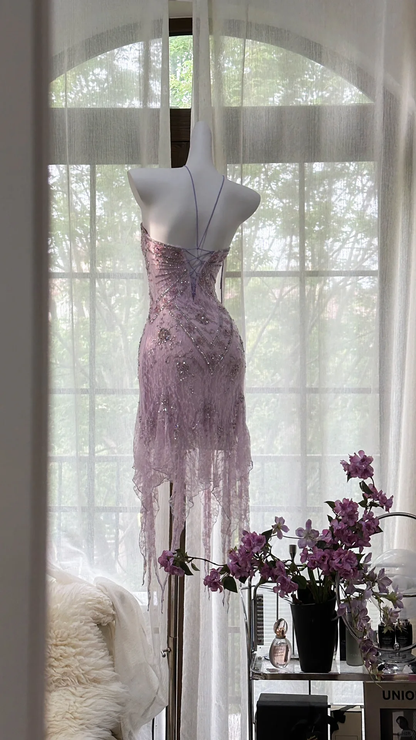 Stunning A Line Strapless Purple Rhinestone Lace Short Homecoming Dress Birthday Dress SH2942
