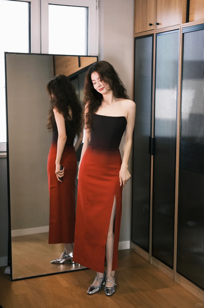 Elegant Sheath Strapless Black Red Ombre Satin Long Party Dress Wedding Guest Dress with Slit SH2907