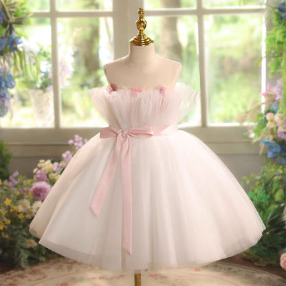 Pink Flower Girl Dress Applique Feather Tulle Keen Length J563