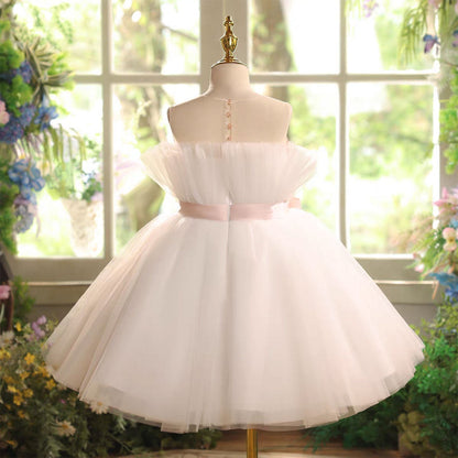 Pink Flower Girl Dress Applique Feather Tulle Keen Length J563
