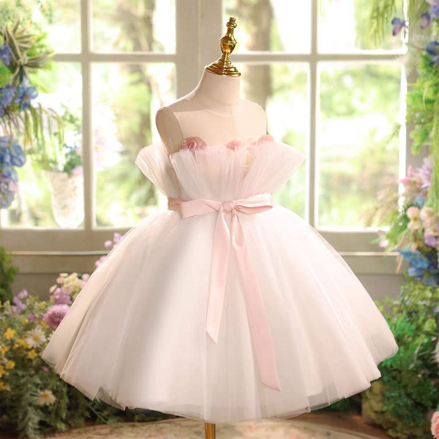 Pink Flower Girl Dress Applique Feather Tulle Keen Length J563