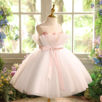 Pink Flower Girl Dress Applique Feather Tulle Keen Length J563