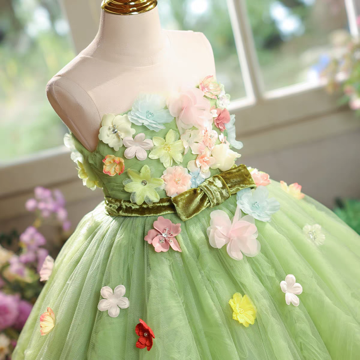 Green Flower Girl Dress 3D Flowers Birthday Garden Wedding J578