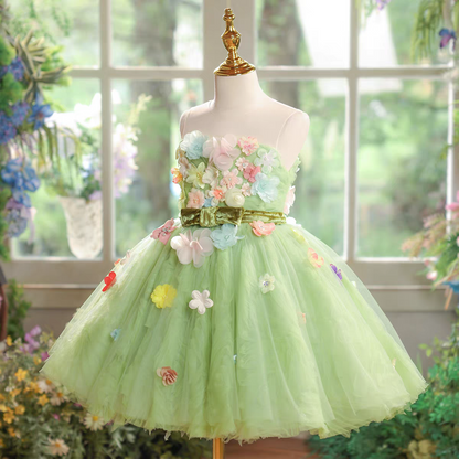 Green Flower Girl Dress 3D Flowers Birthday Garden Wedding J578