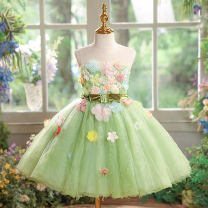 Green Flower Girl Dress 3D Flowers Birthday Garden Wedding J578