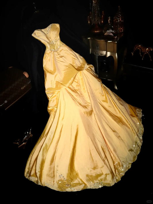 Gentle A Line Strapless Beaded Sequin Yellow Satin Long Prom Dress Party Dress SH3045