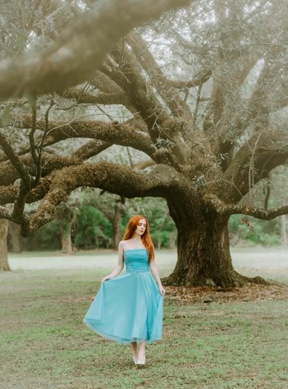 Cute A Line Strapless Appliques Blue Tulle Party Dress Evening Dress SH2811