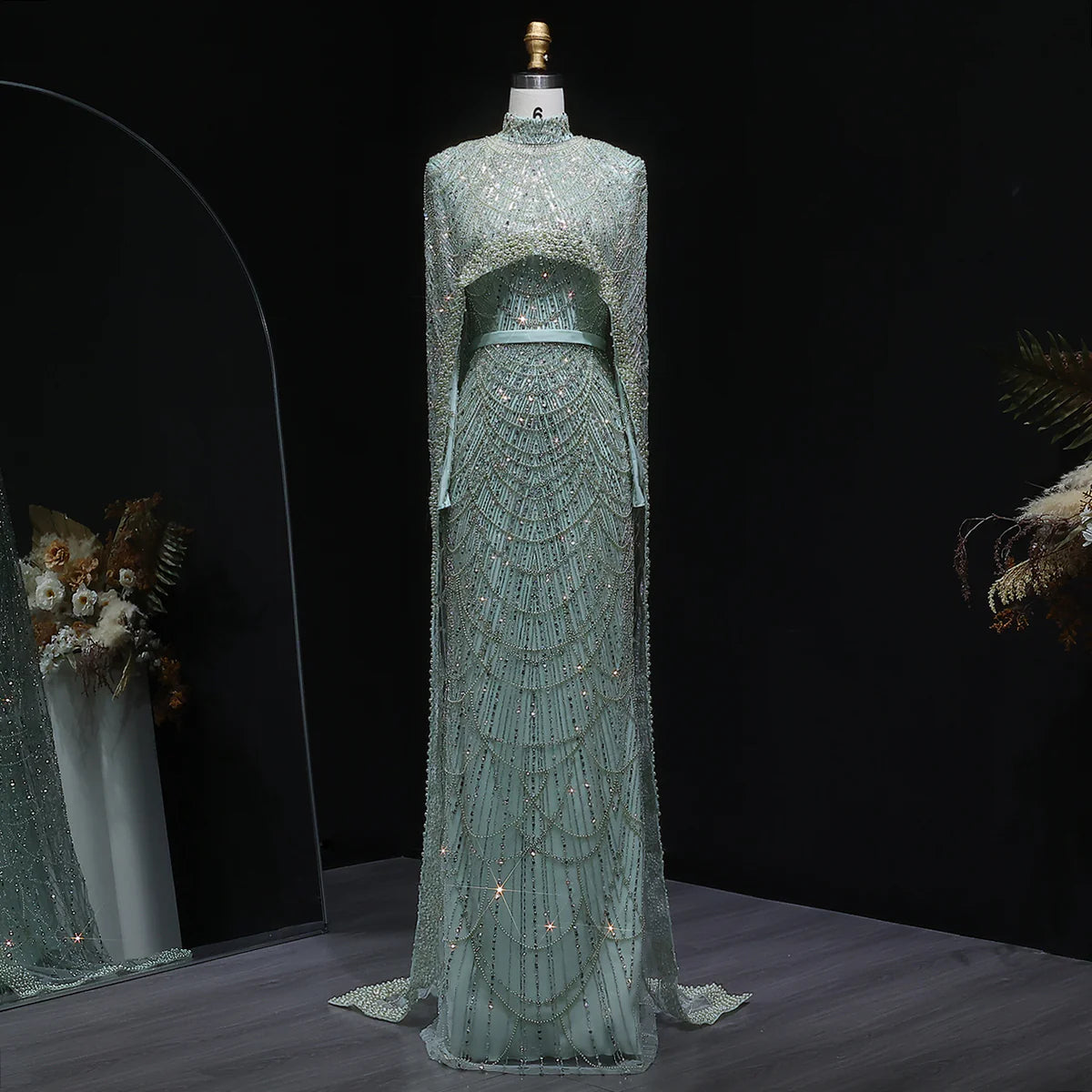 Nude Luxury Long Sleeves Muslim Evening Dresses with Cape SS369A