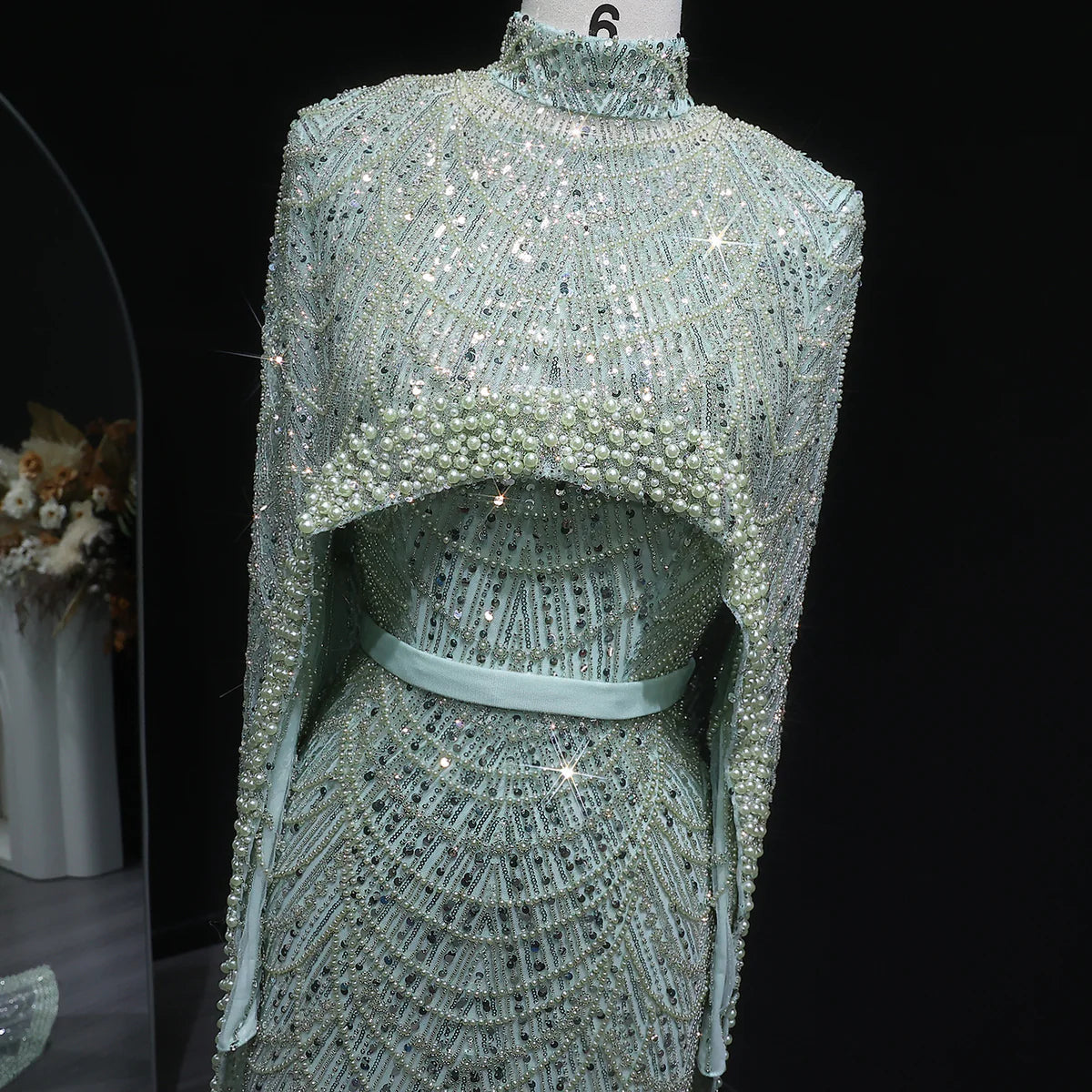 Nude Luxury Long Sleeves Muslim Evening Dresses with Cape SS369A