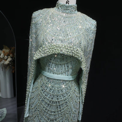 Nude Luxury Long Sleeves Muslim Evening Dresses with Cape SS369A