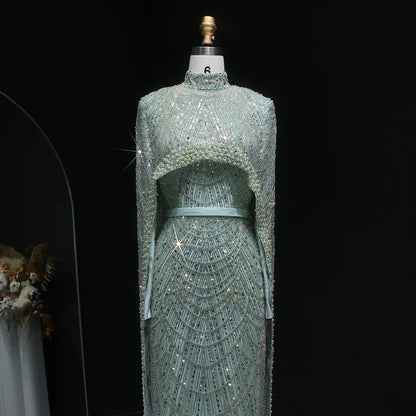 Nude Luxury Long Sleeves Muslim Evening Dresses with Cape SS369A