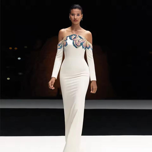 White Off Shoulder Beaded Evening Dress SS512