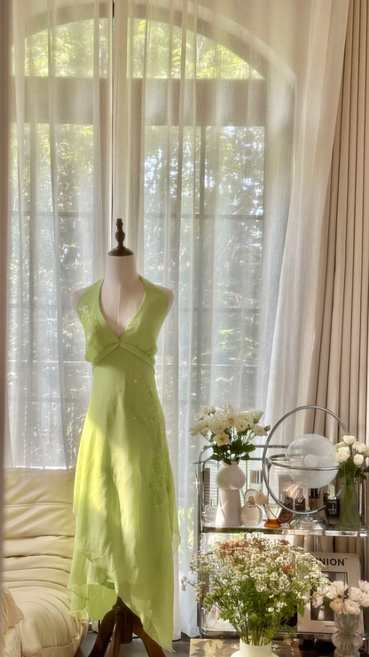 Gentle A Line Halter Beaded Green Chiffon Open Back Party Dress Homecoming Dress SH2936