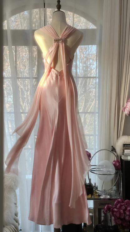 Classy A Line V Neck Beaded Pink Chiffon Satin Long Party Dress Evening Dress SH2937