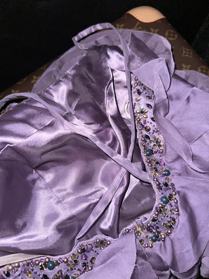 Vintage Mermaid Spaghetti Strap Purple Sequin Beaded Satin Long Sweep Party Dress Evening Dress SH3062