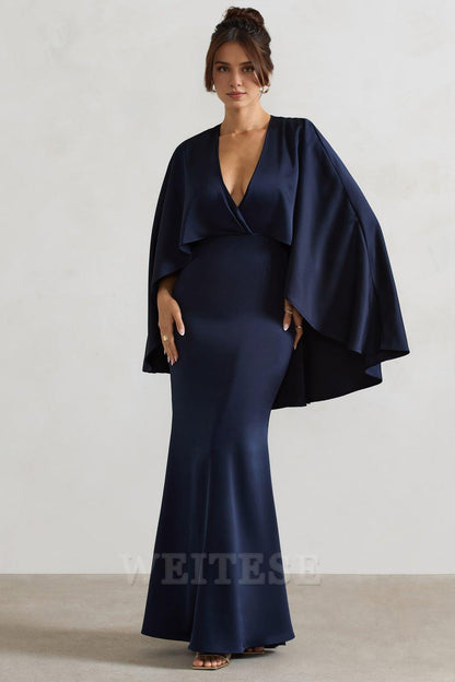 Dress Champagne Satin Plunge-Neck Maxi Dress With Cape Sleeves Bridesmaid Dress Deep V Neck Floor Length Prom Dress