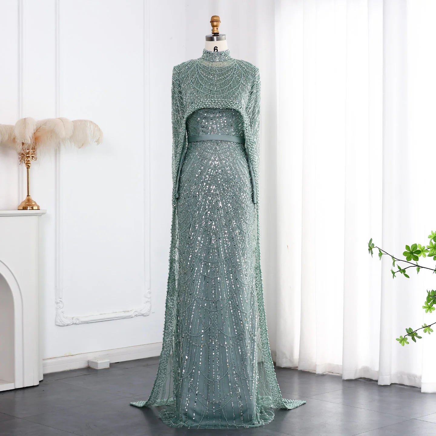 Nude Luxury Long Sleeves Muslim Evening Dresses with Cape SS369A