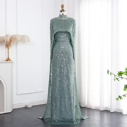 Nude Luxury Long Sleeves Muslim Evening Dresses with Cape SS369A